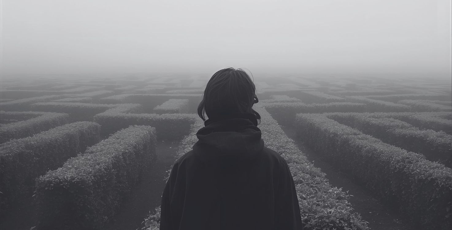 Black and white back of person looking at maze with fog in background